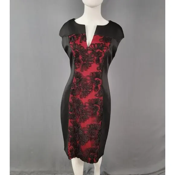 Connected Apparel Bodycon Dress 6 Black Red Floral Appliqué Party - Picture 1 of 11